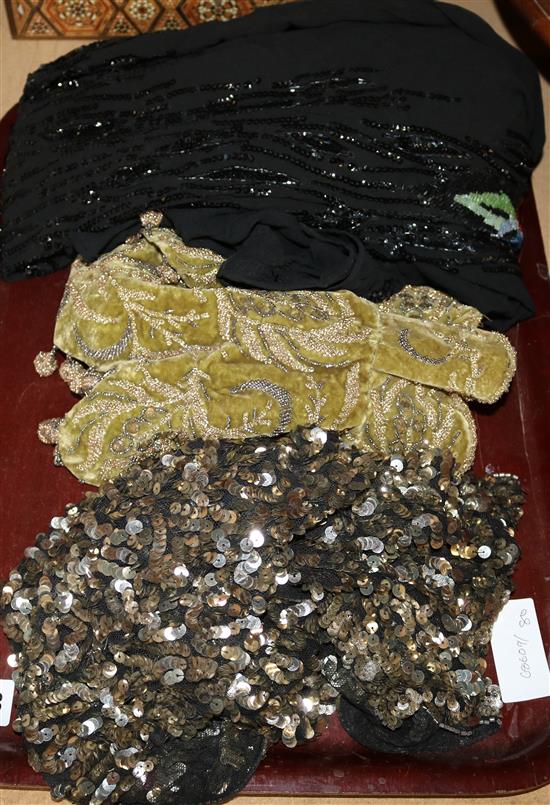Bead 1920s dress, sequin jacket & earlier velvet beaded top
